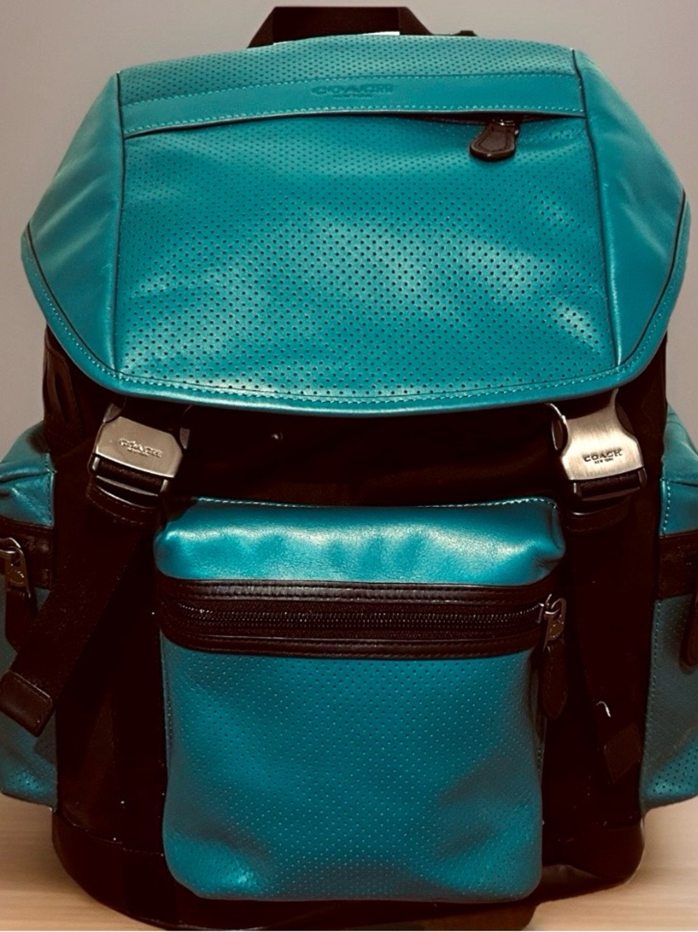 Coach Terrain Trek Backpack Seagreen Perforated Leather Utility Pack NWOT